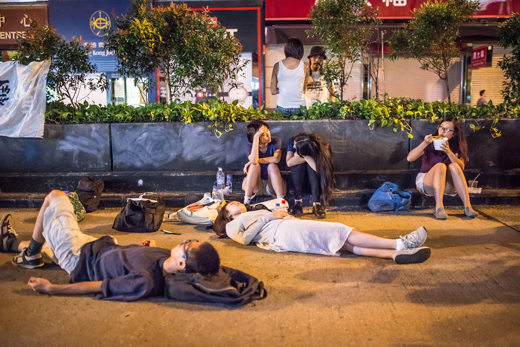 Protesters occupying the street in the middle of the night