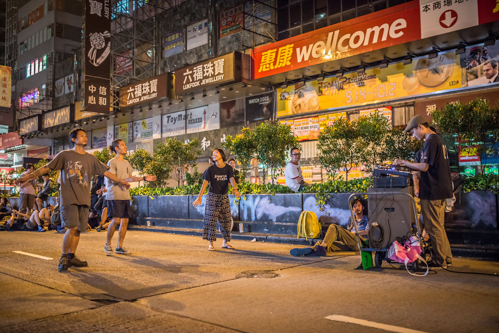 DJ Rolec spinning a set for the occupiers in the streets of HK